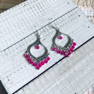 Boho Hot Pink Moroccan Chandelier Silver Earrings